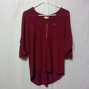 🦋 Takara Burgundy 1/4 Zip Sheer V-Neck Blouse Top M